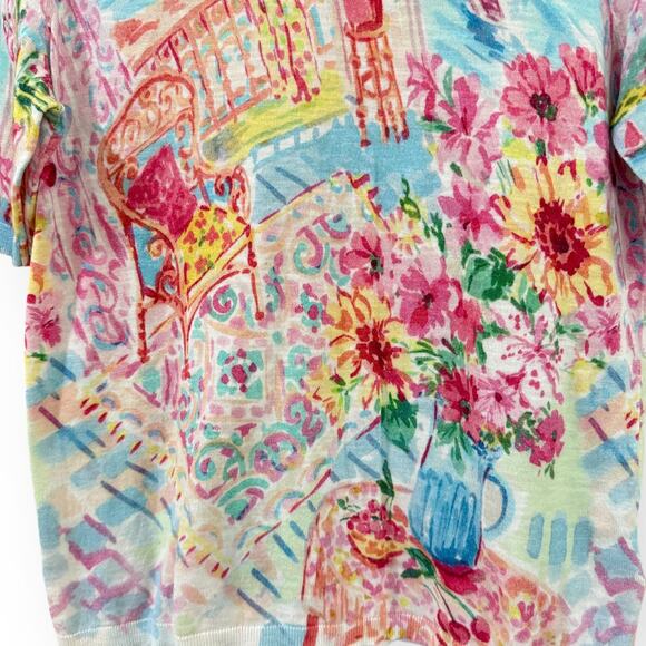 Talbots Sweater Watercolor Painting Cotton Short Sleeve Crewneck Italy Floral MP - Picture 4 of 8